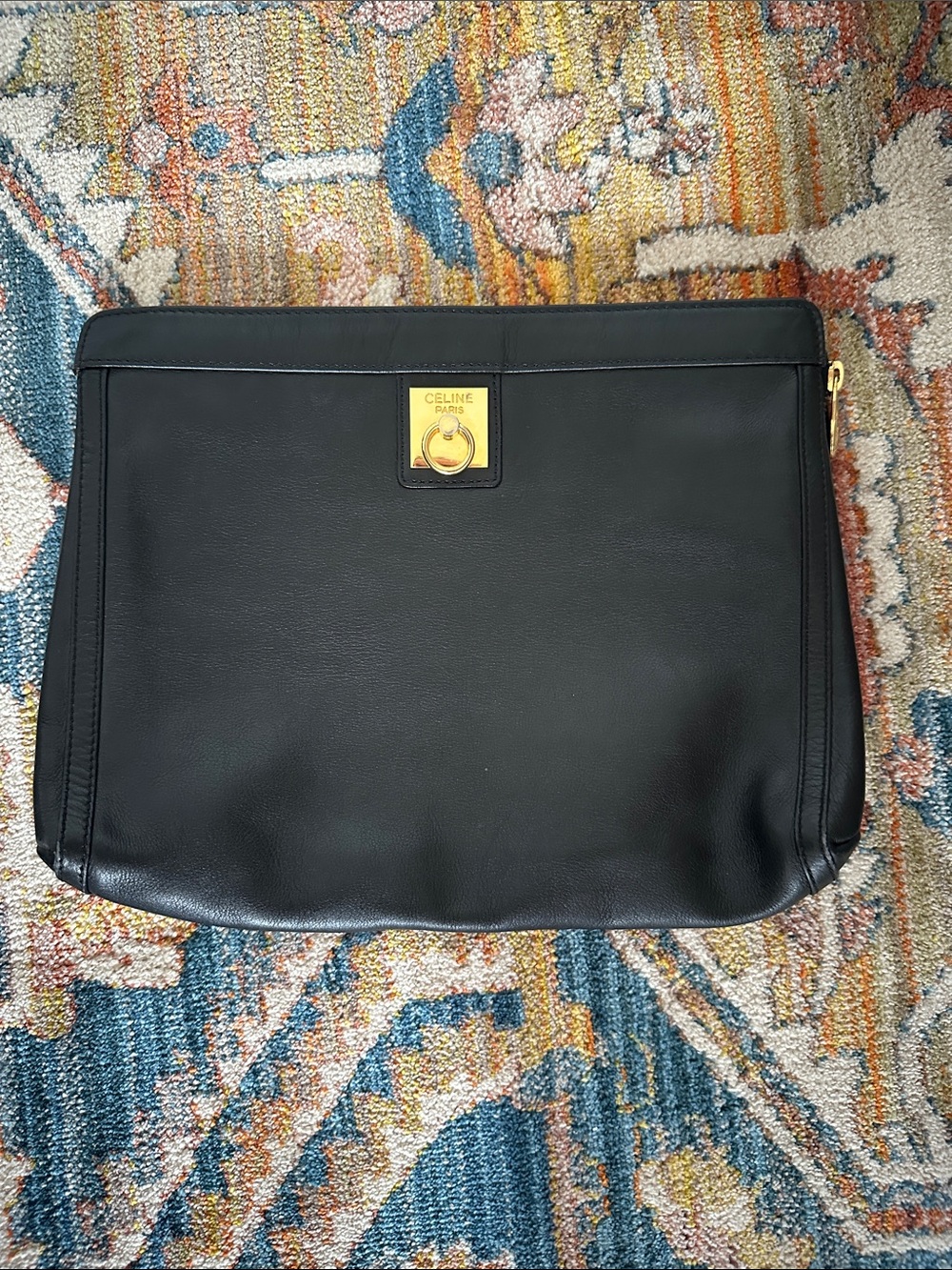 Celine Black Leather clutch with Gold-Tone Lock